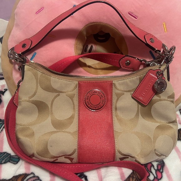 Coach Handbags - Coach Signature Stripe Coral-Tan Demi Bag